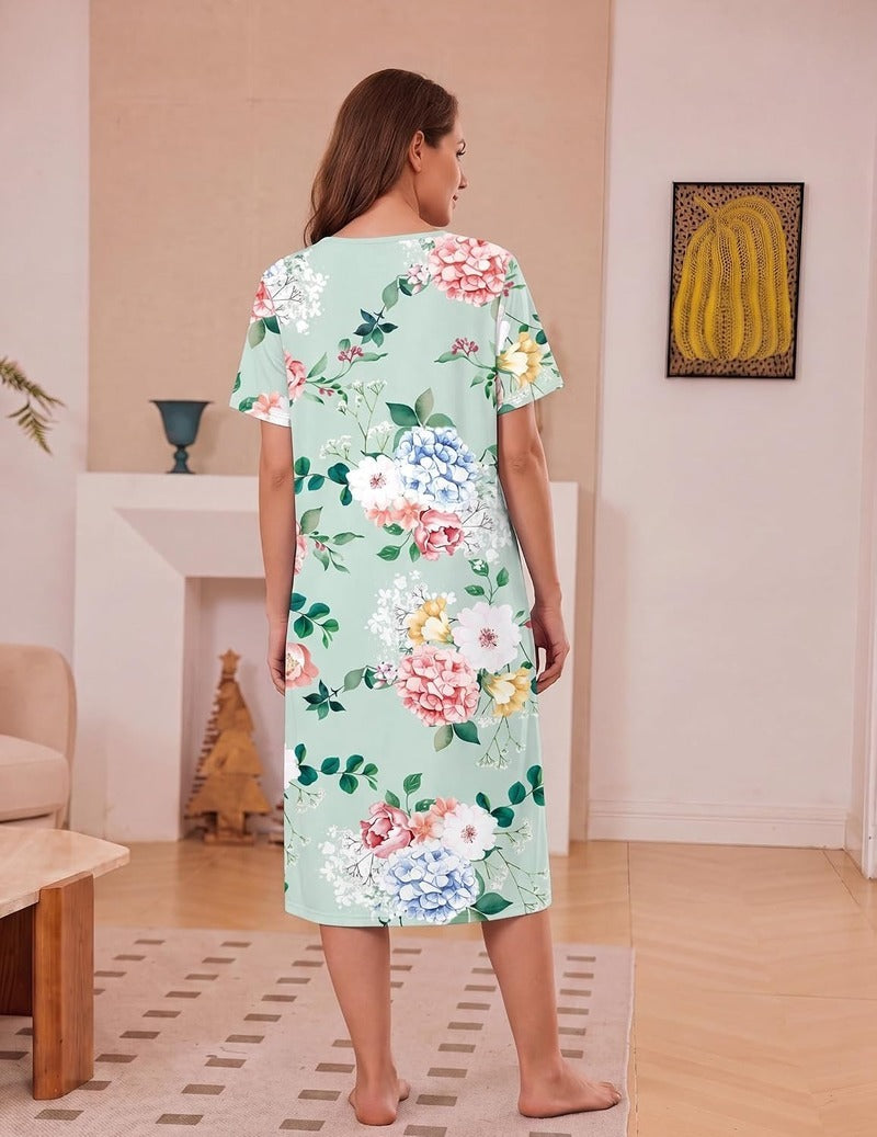 Ekouaer Floral Nightgown Women Short Sleeve Button House Dress