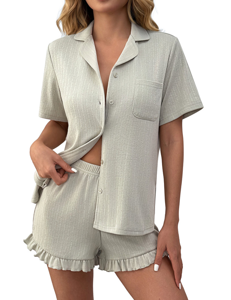 Light green ruffled button-down pajama set with matching shorts, short sleeves.