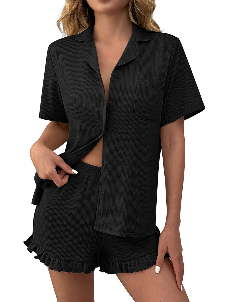 Black ruffled button-down pajama set with matching shorts, short sleeves.