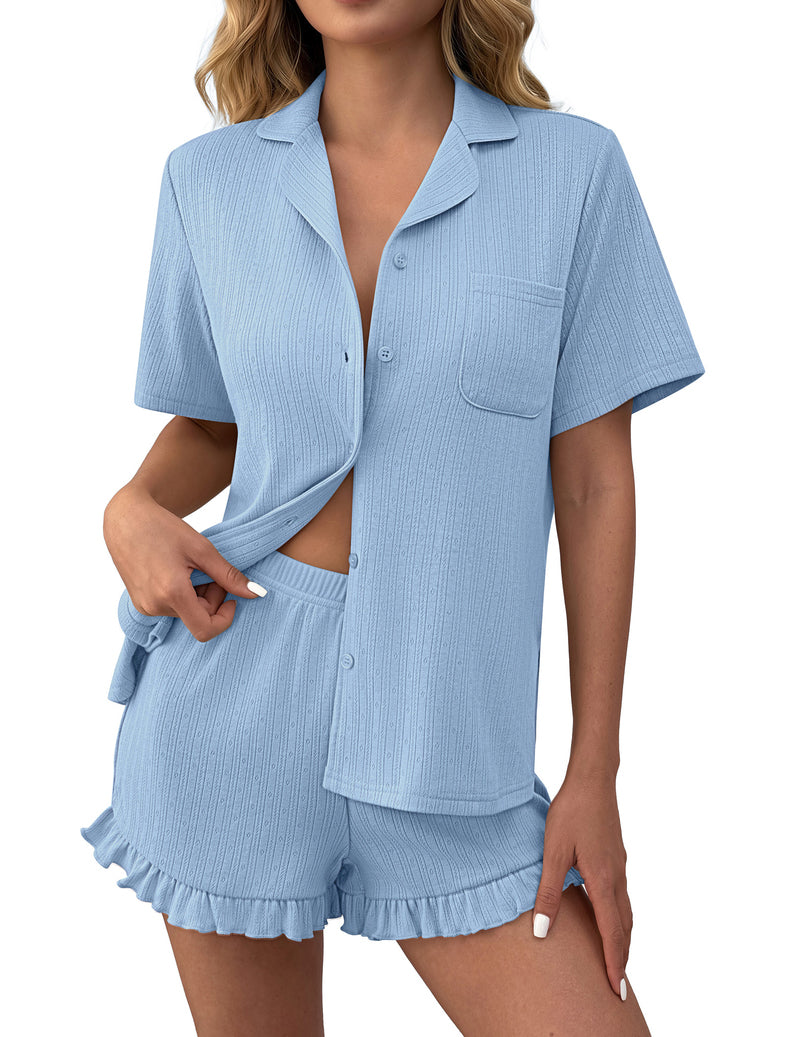 Light blue ruffled button-down pajama set with matching shorts, short sleeves.