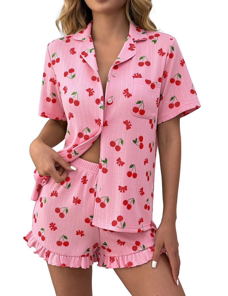 Pink cherry print ruffled button-down pajama set with matching shorts, short sleeves.