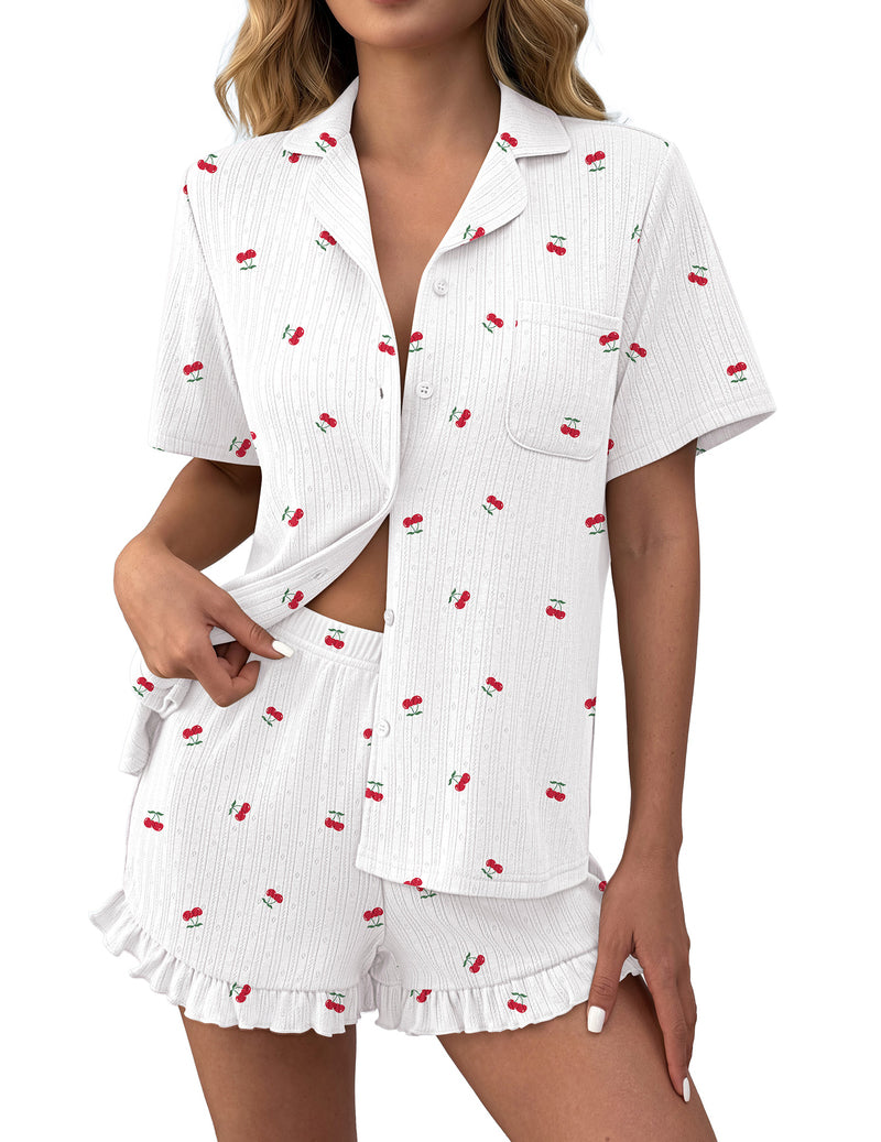 White cherry print ruffled button-down pajama set with matching shorts, short sleeves.