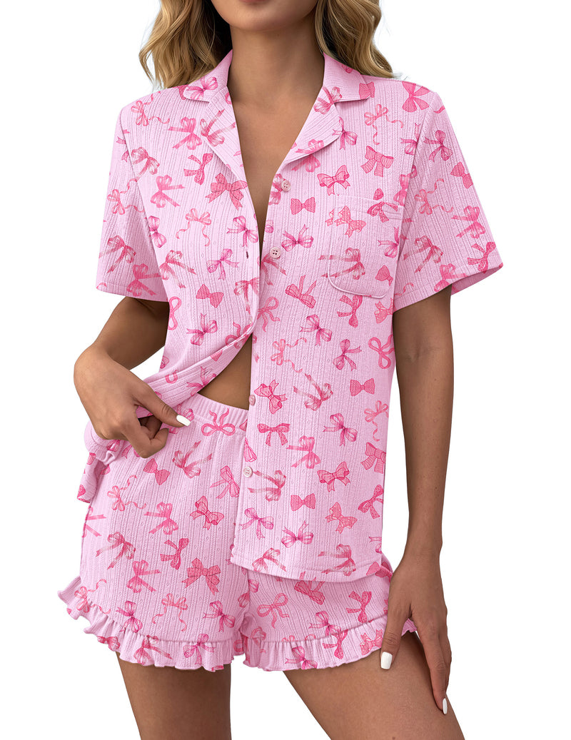 Pink bow print ruffled button-down pajama set with matching shorts, short sleeves.