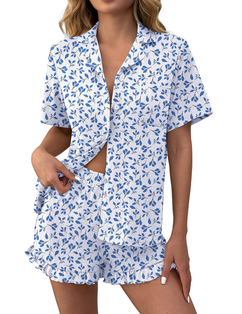Blue floral ruffle button-down pajama set with matching ruffled shorts