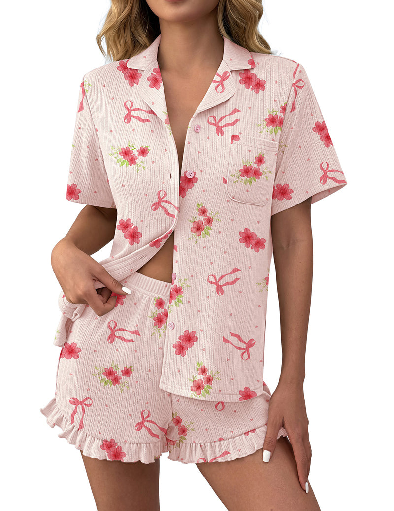 White floral ruffle button-down pajama set with matching ruffled shorts