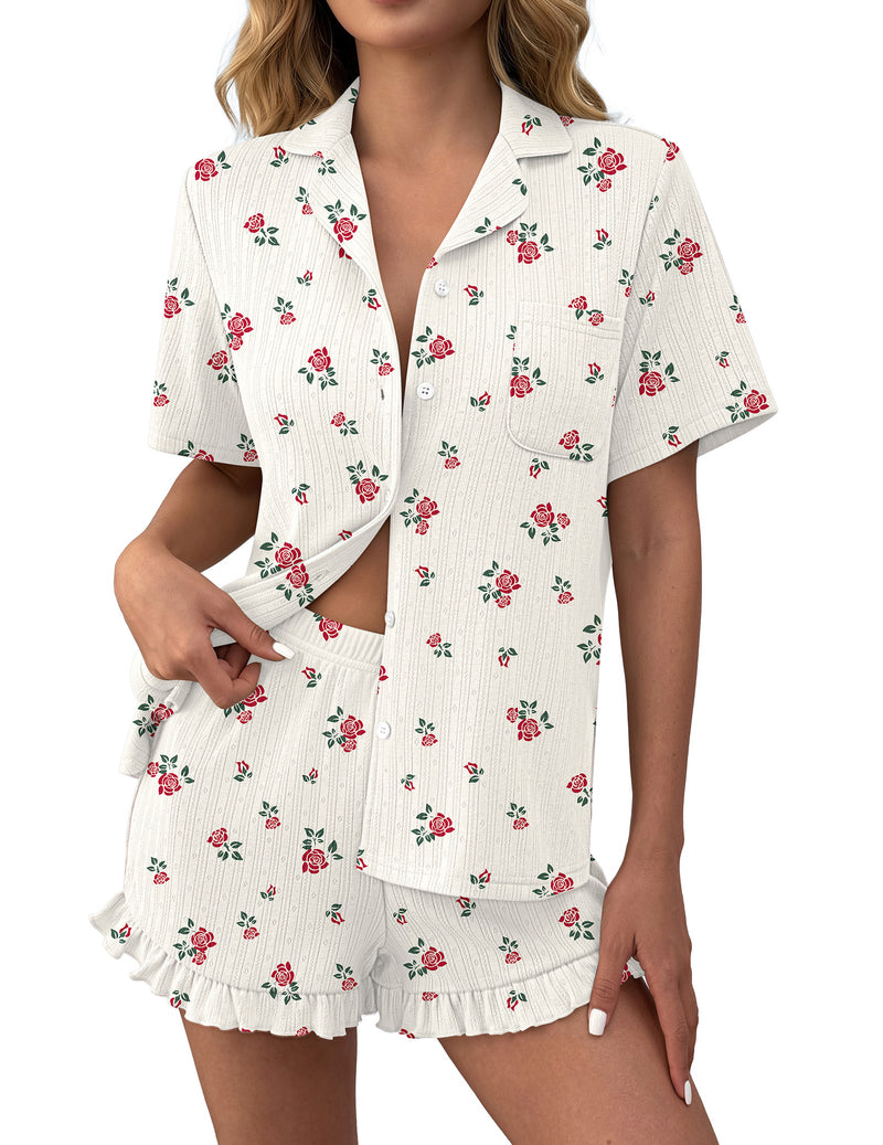 White rose-print ruffle button-down pajama set with matching ruffled shorts
