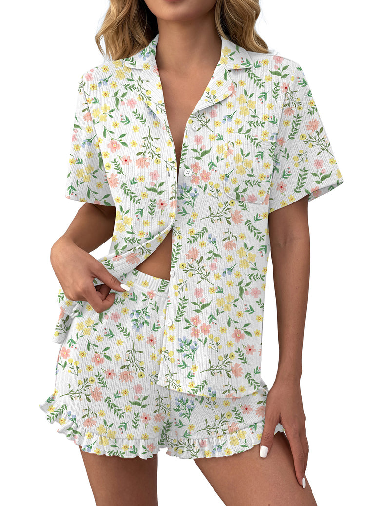 Light floral ruffle button-down pajama set with matching ruffled shorts