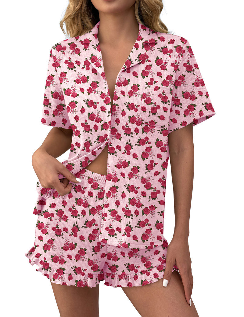 Red floral ruffle button-down pajama set with matching ruffled shorts