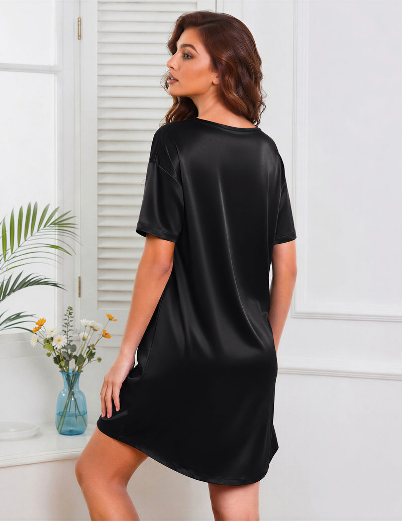 Ekouaer Silky Satin Short Sleeve Nightshirt Night Gown