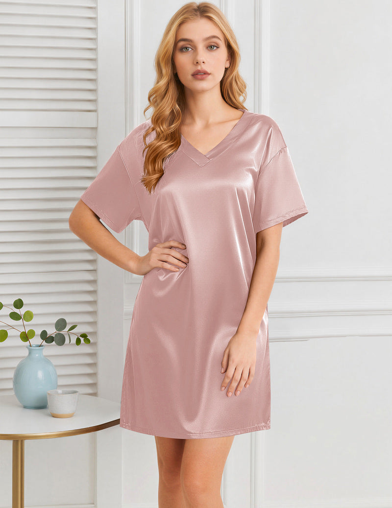 Ekouaer Silky Satin Short Sleeve Nightshirt Night Gown