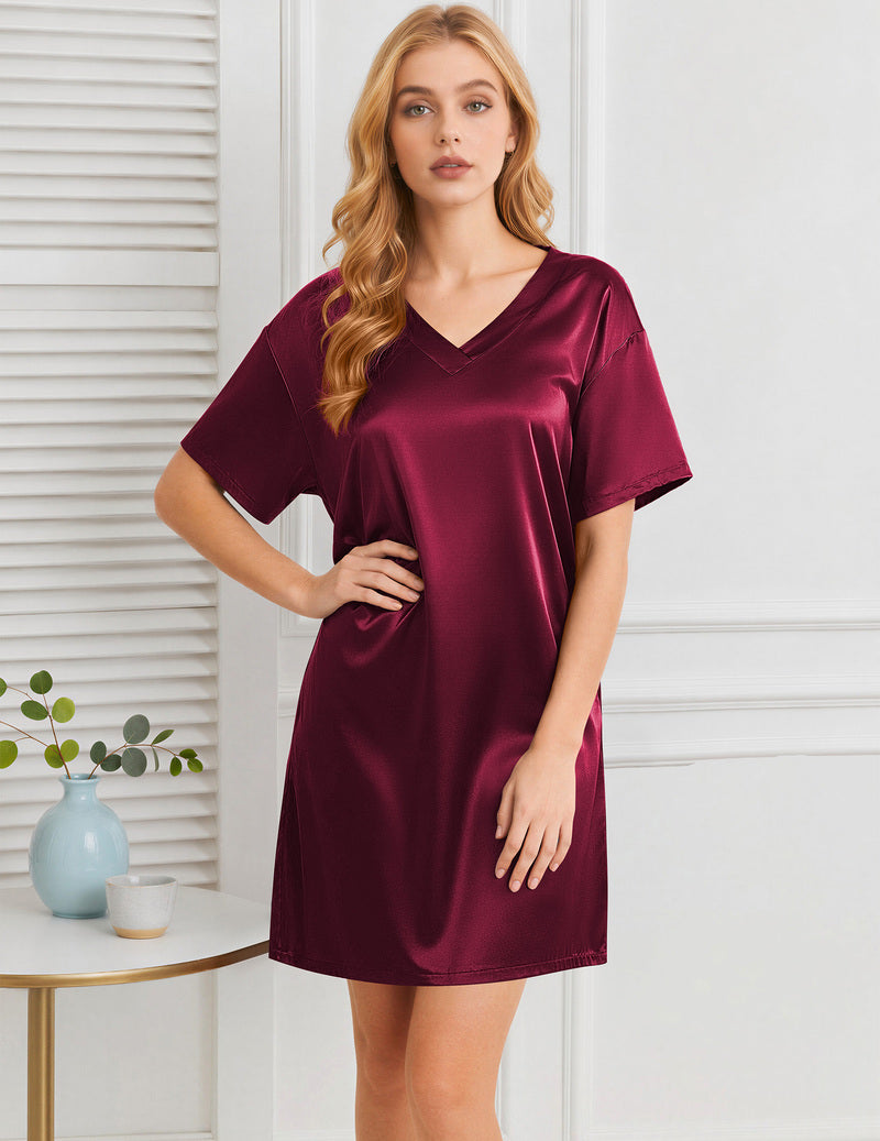 Ekouaer Silky Satin Short Sleeve Nightshirt Night Gown