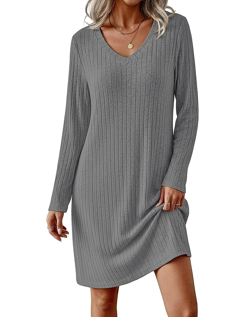 Ribbed Knit V-Neck Long Sleeve Loose Fit Sleep Dress