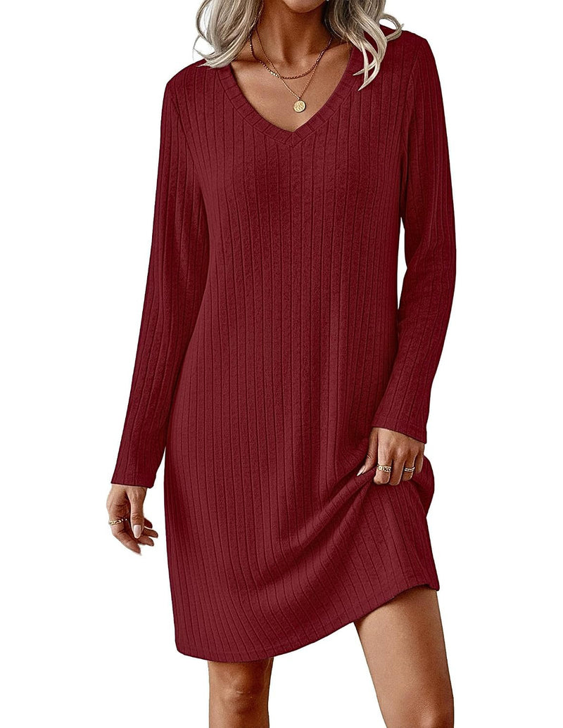 Ribbed Knit V-Neck Long Sleeve Loose Fit Sleep Dress