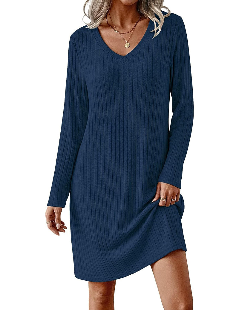 Ribbed Knit V-Neck Long Sleeve Loose Fit Sleep Dress