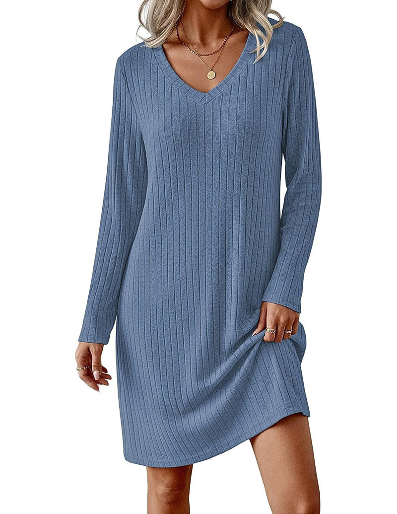 Ribbed Knit V-Neck Long Sleeve Loose Fit Sleep Dress