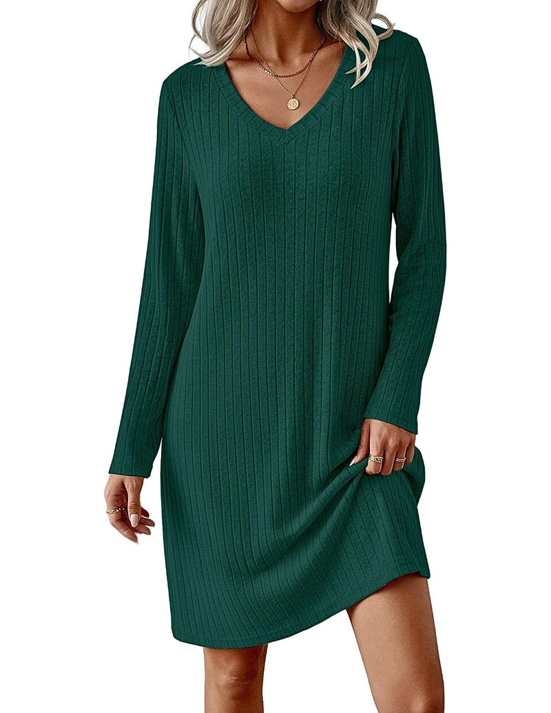 Ribbed Knit V-Neck Long Sleeve Loose Fit Sleep Dress