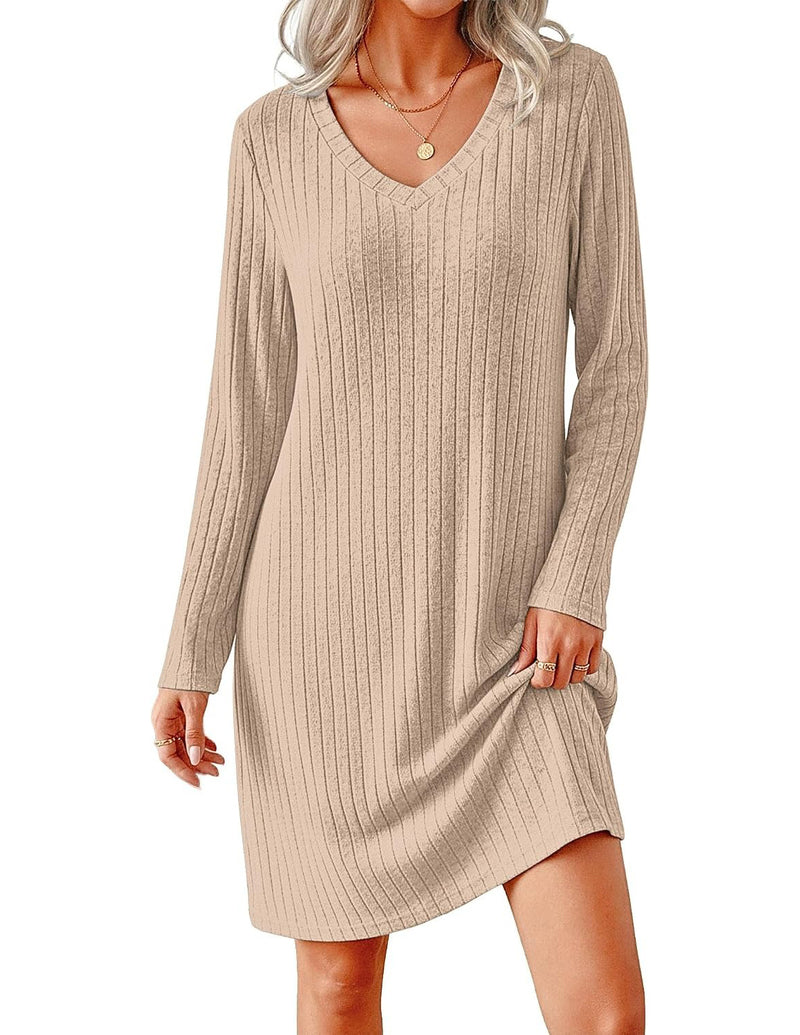 Ribbed Knit V-Neck Long Sleeve Loose Fit Sleep Dress