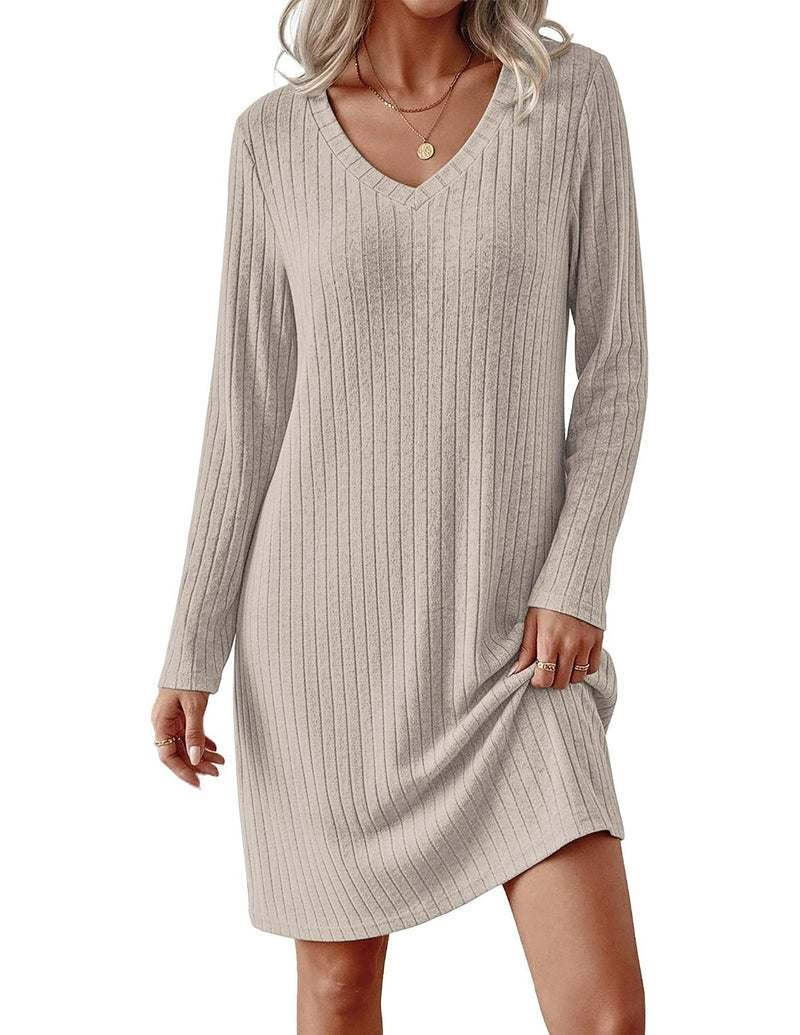 Ribbed Knit V-Neck Long Sleeve Loose Fit Sleep Dress