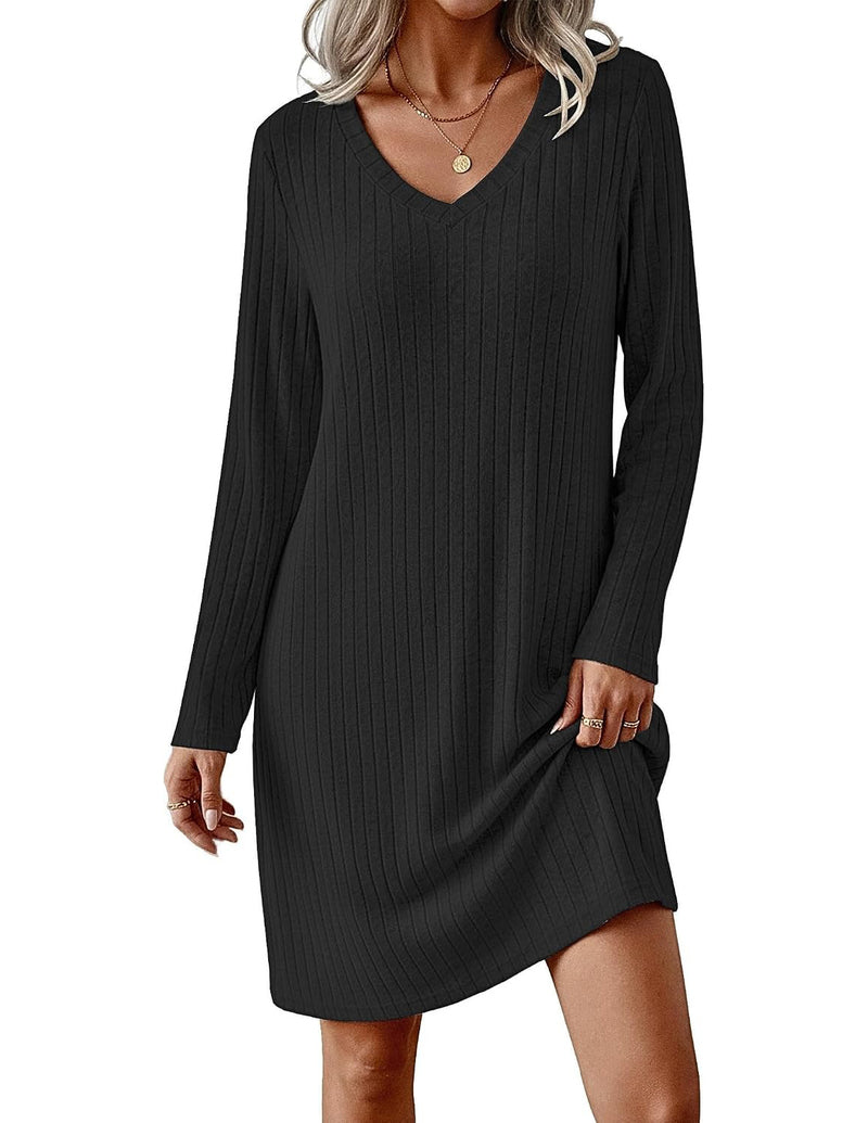 Ribbed Knit V-Neck Long Sleeve Loose Fit Sleep Dress