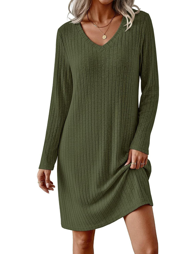 Ribbed Knit V-Neck Long Sleeve Loose Fit Sleep Dress