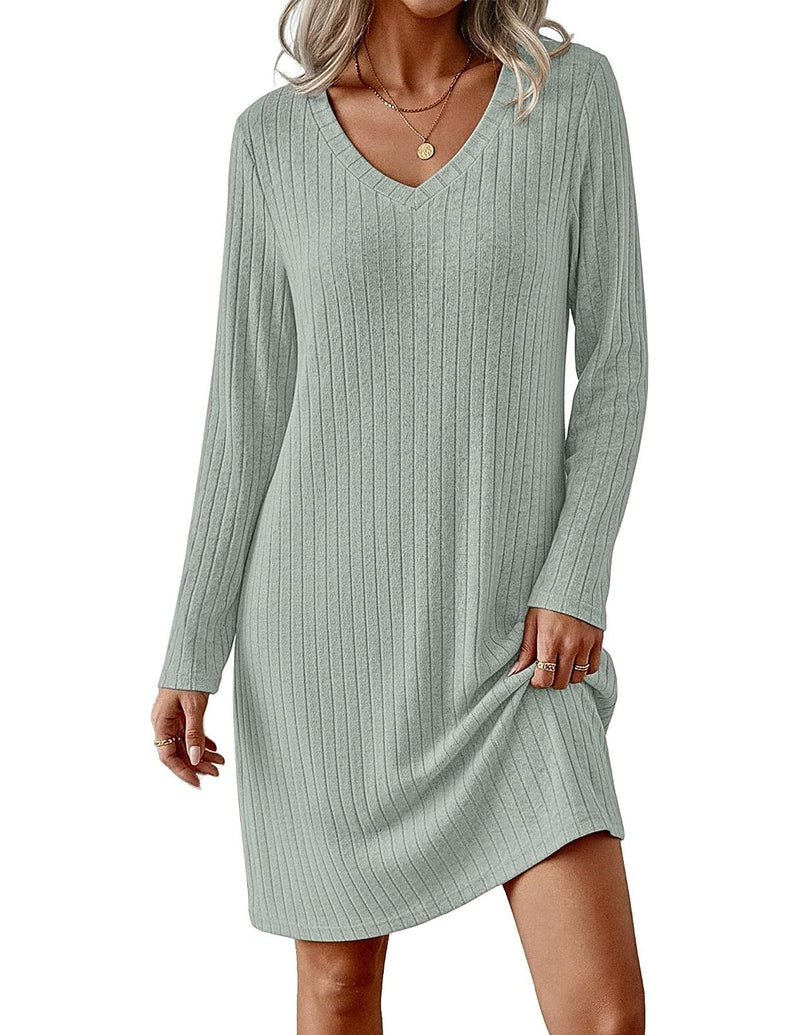 Ribbed Knit V-Neck Long Sleeve Loose Fit Sleep Dress