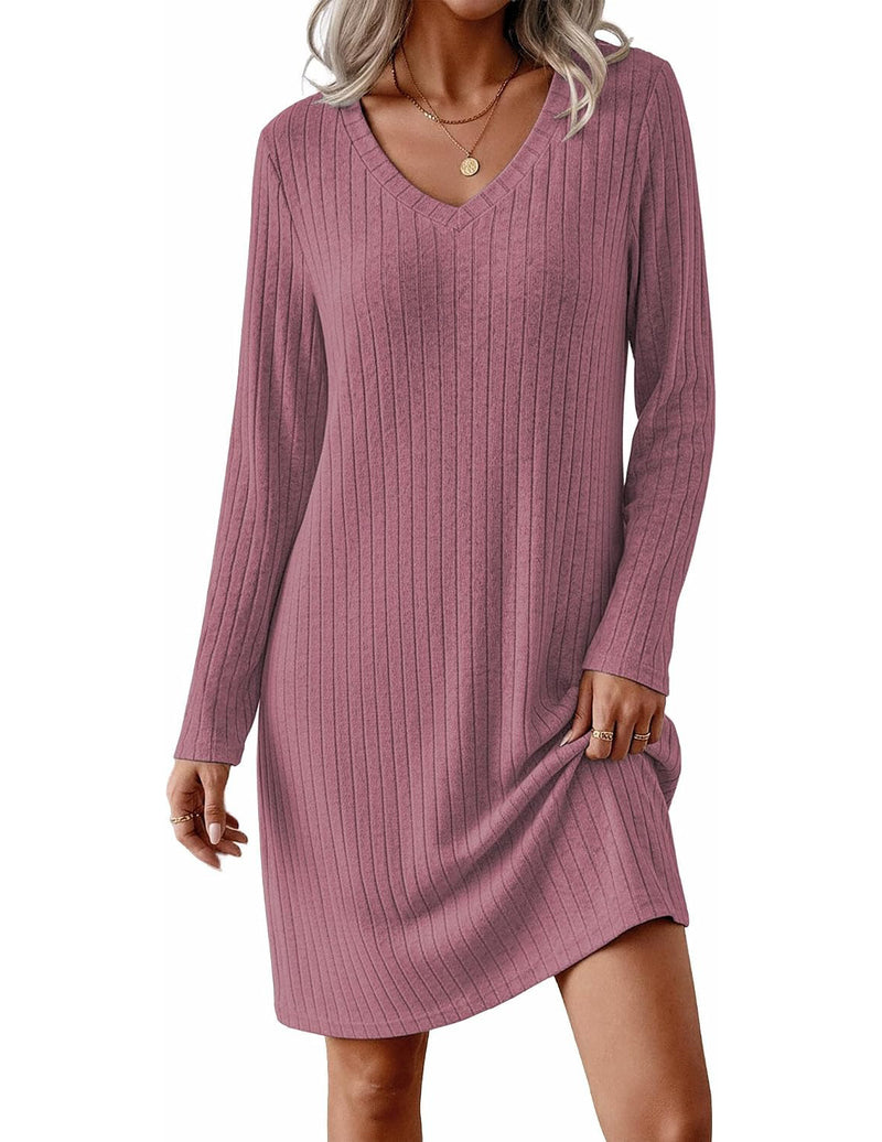 Ribbed Knit V-Neck Long Sleeve Loose Fit Sleep Dress