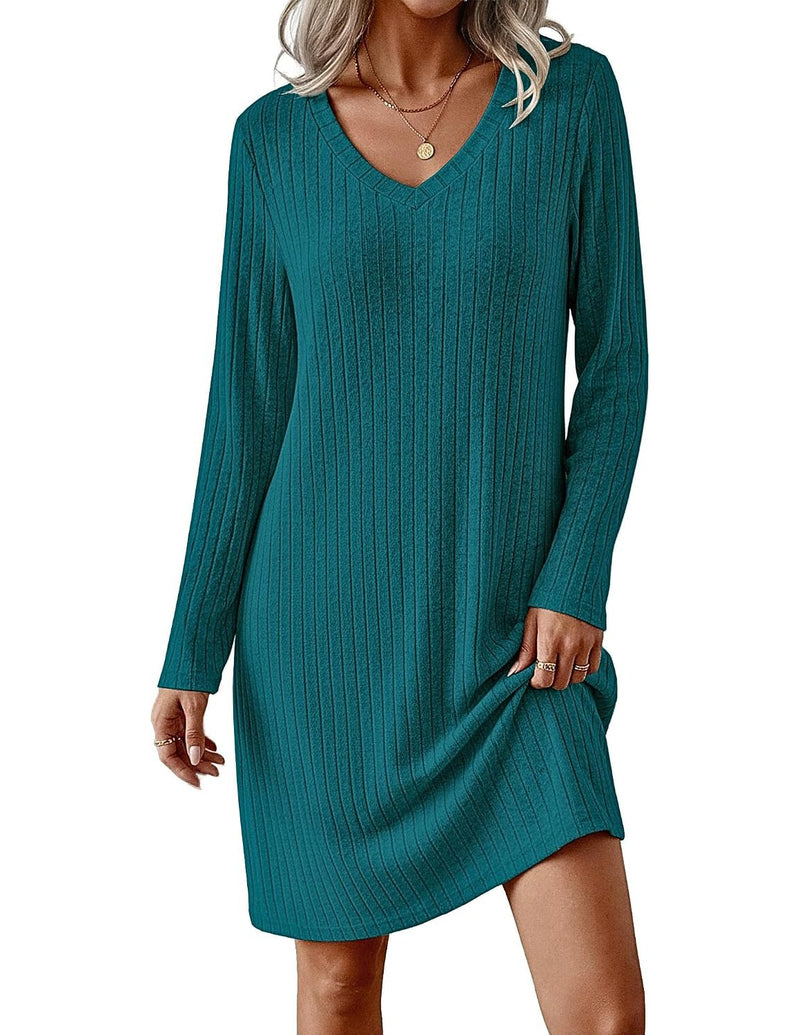 Ribbed Knit V-Neck Long Sleeve Loose Fit Sleep Dress