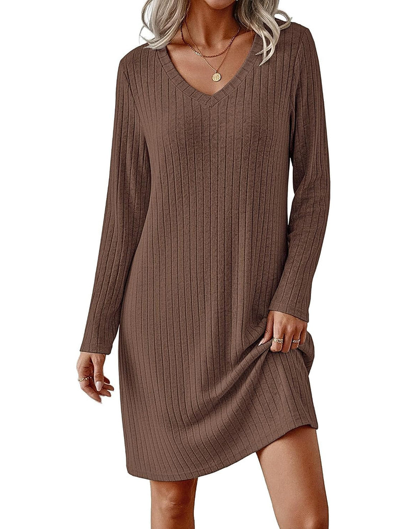 Ribbed Knit V-Neck Long Sleeve Loose Fit Sleep Dress