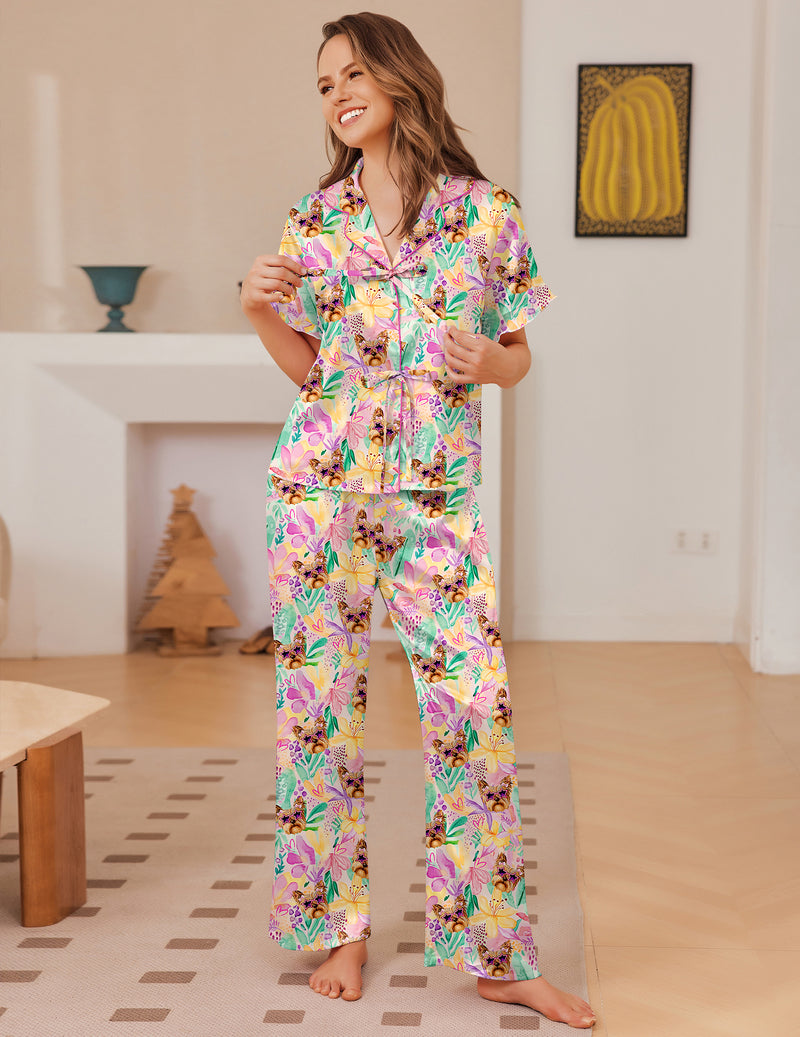 Multicolor floral print satin ruffle tie short-sleeve pajama set with matching long pants