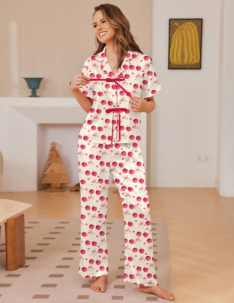 Pink polka-dot satin ruffle tie pajama set, short sleeves, button front pants