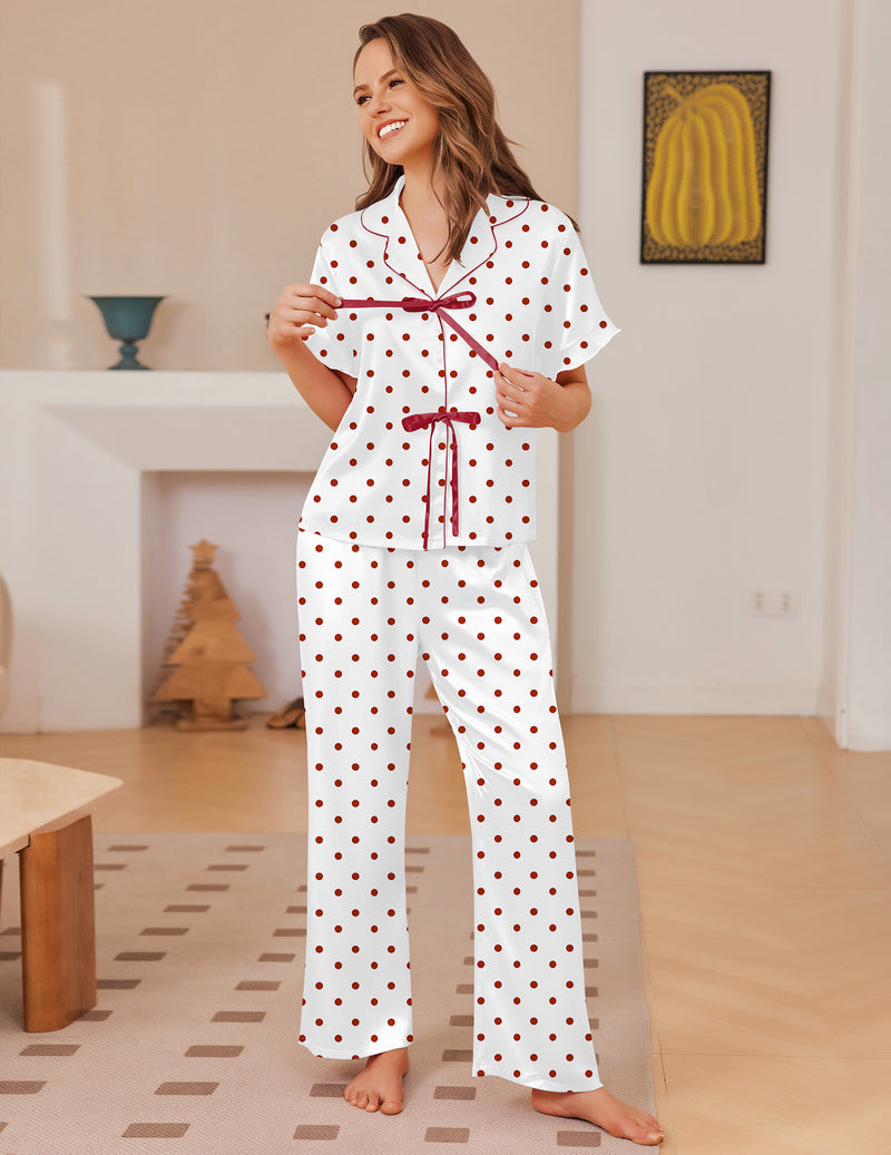 Red polka-dot satin ruffle tie pajama set, short sleeves, matching pajama pants