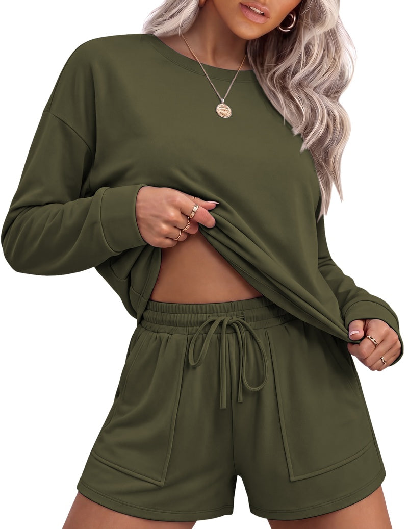 Olive green long-sleeve crewneck top with drawstring waist lounge shorts set
