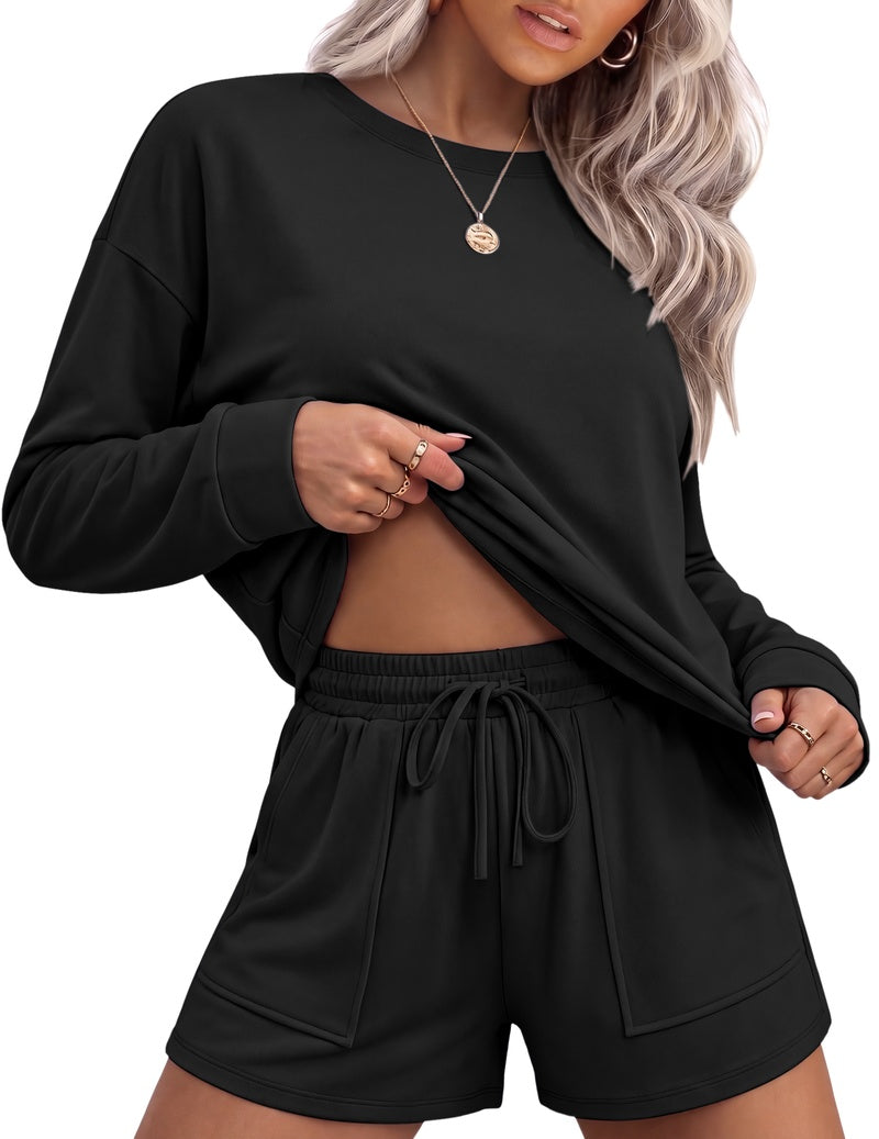 Black long-sleeve crewneck top with drawstring waist lounge shorts set