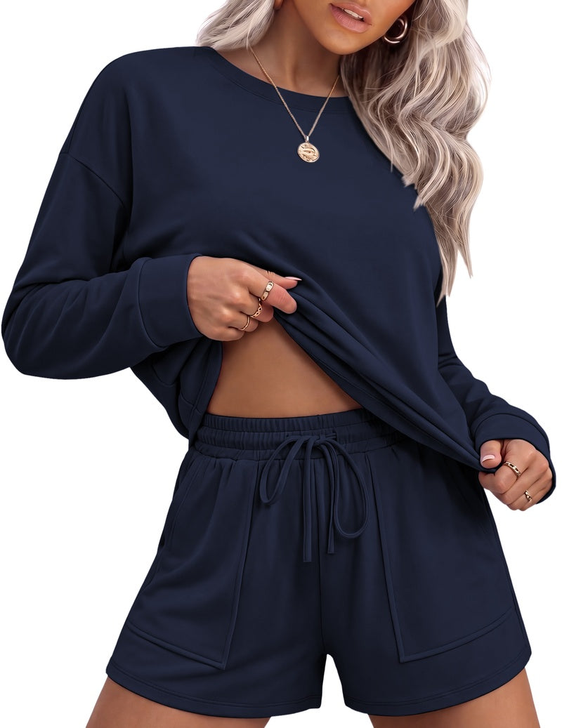 Navy blue long-sleeve crewneck top with drawstring waist lounge shorts set