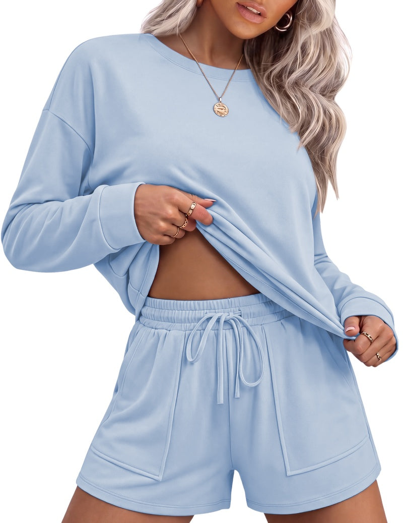 Light blue long-sleeve crewneck top with drawstring waist lounge shorts set