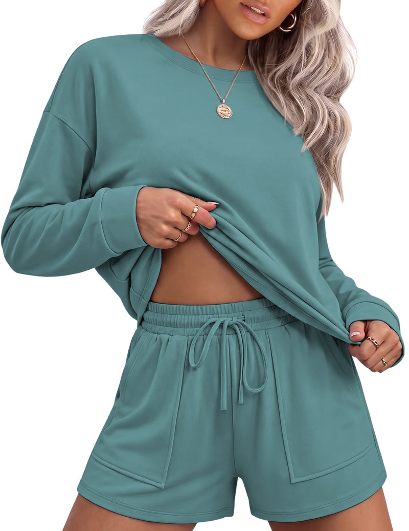 Teal green long-sleeve crewneck top with drawstring waist lounge shorts set