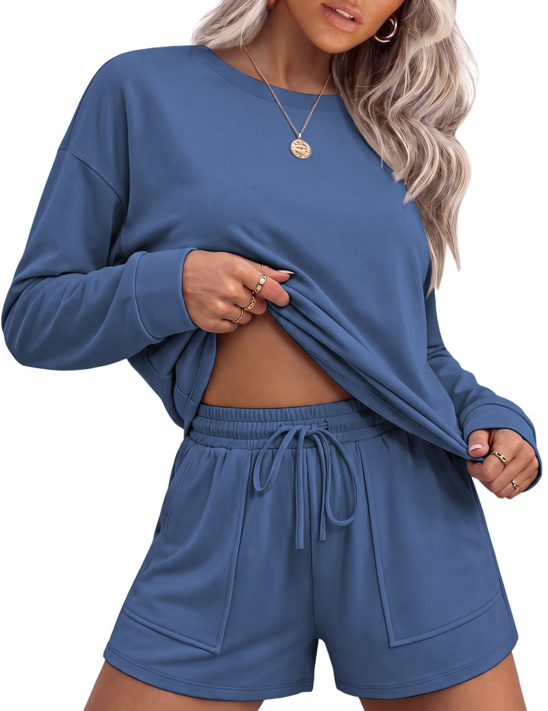 Blue long-sleeve crewneck top with drawstring waist lounge shorts set