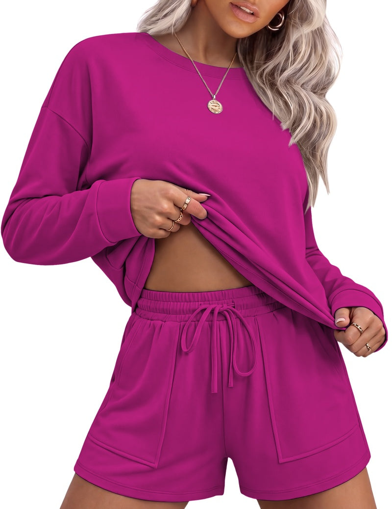 Hot pink long-sleeve crewneck top with drawstring waist lounge shorts set