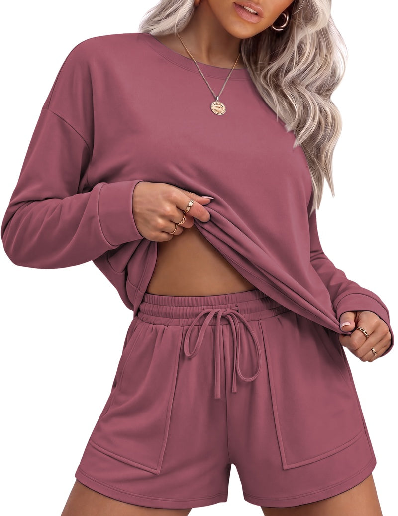 Burgundy long-sleeve crewneck and drawstring shorts two-piece lounge set