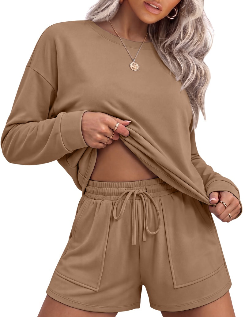 Camel long-sleeve crewneck and drawstring shorts two-piece lounge set
