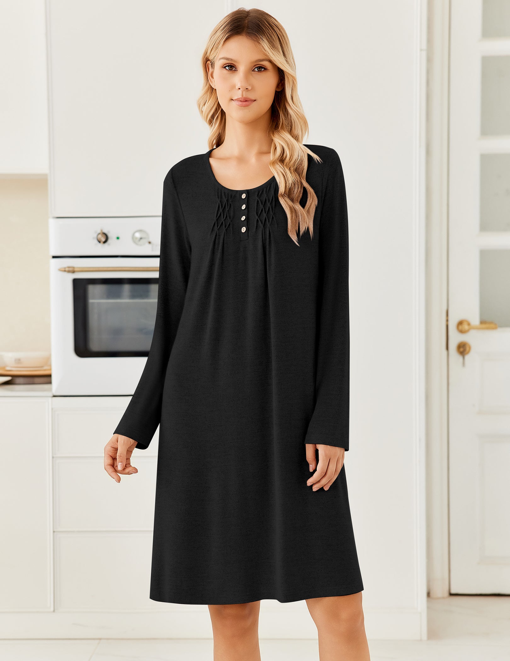 Black long-sleeve knit nightgown with henley button placket and pleated front