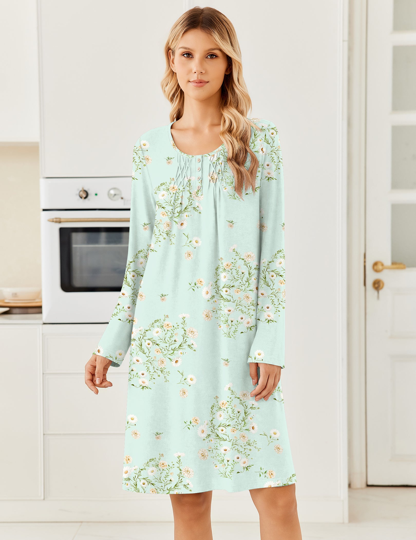 Light blue floral long-sleeve knit nightgown with henley buttons and pleated bib
