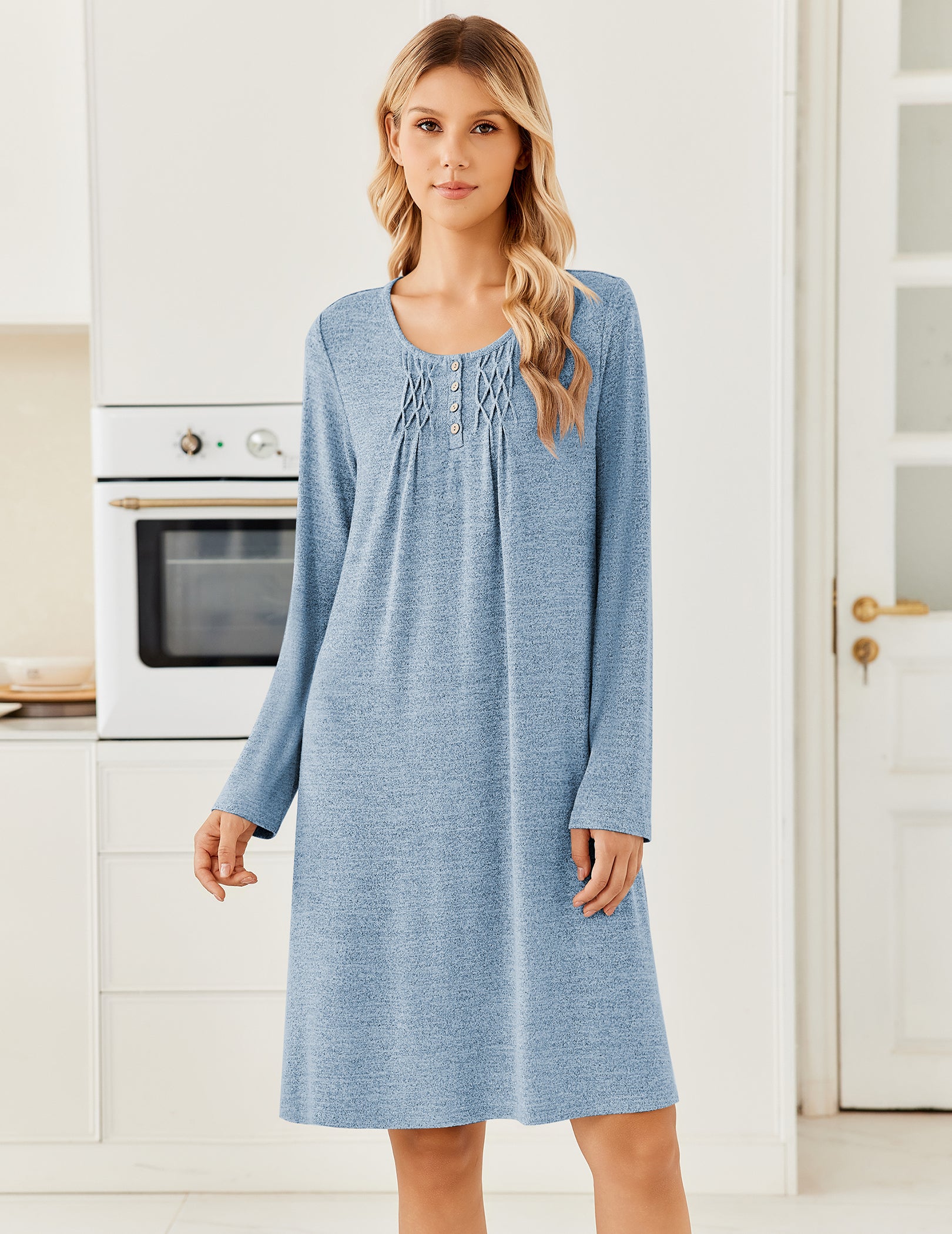 Blue long-sleeve knit nightgown with henley buttons and pleated neckline bib