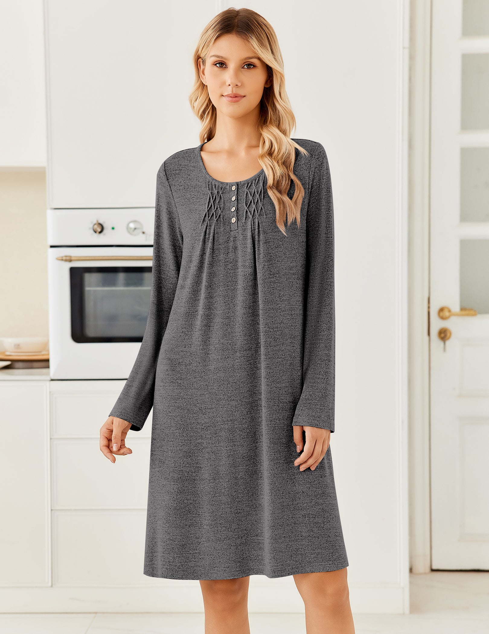 Gray long-sleeve knit nightgown with henley button placket and pleated front