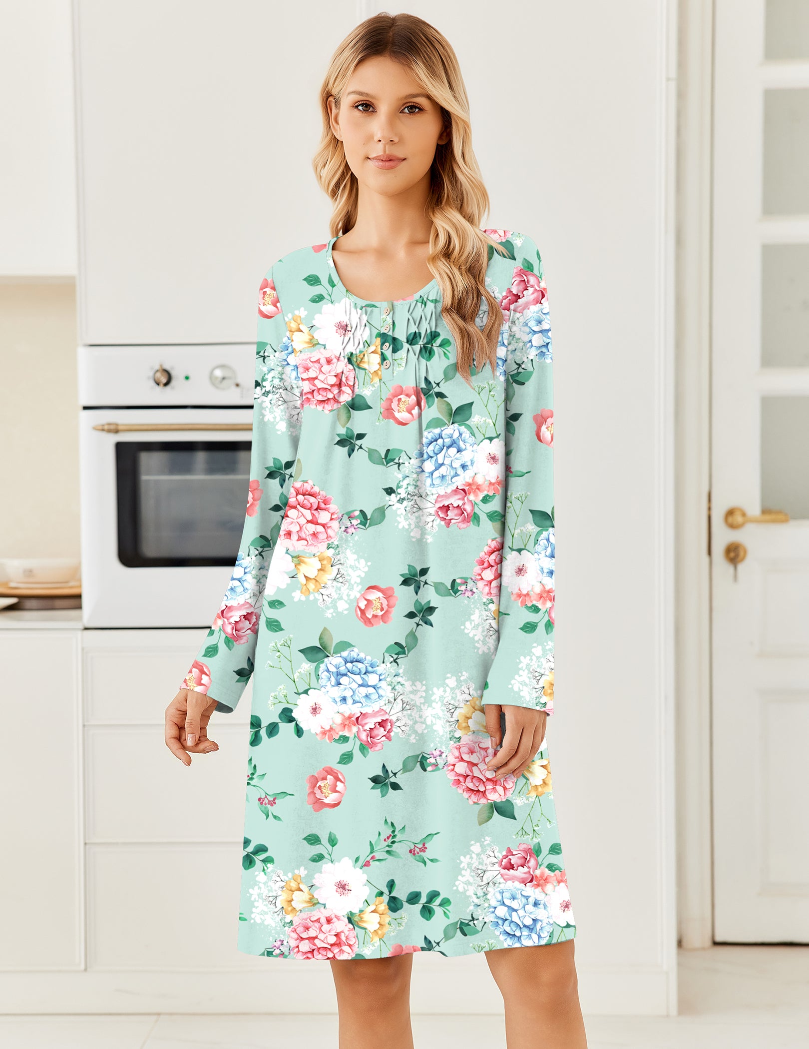 Mint green floral long-sleeve knit nightgown with henley button placket