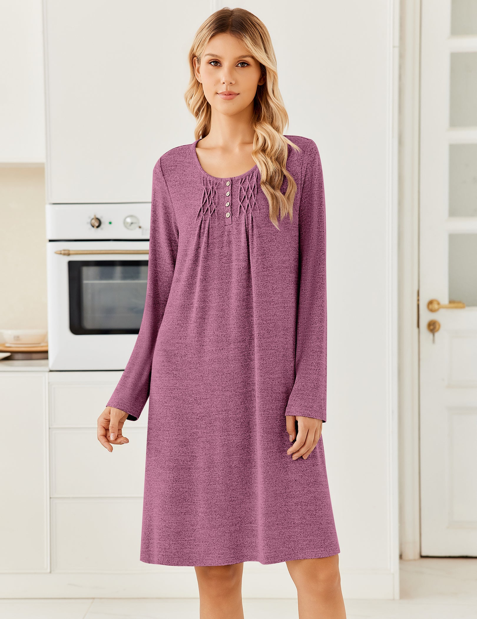 Purple long-sleeve knit nightgown with henley buttons and pleated front