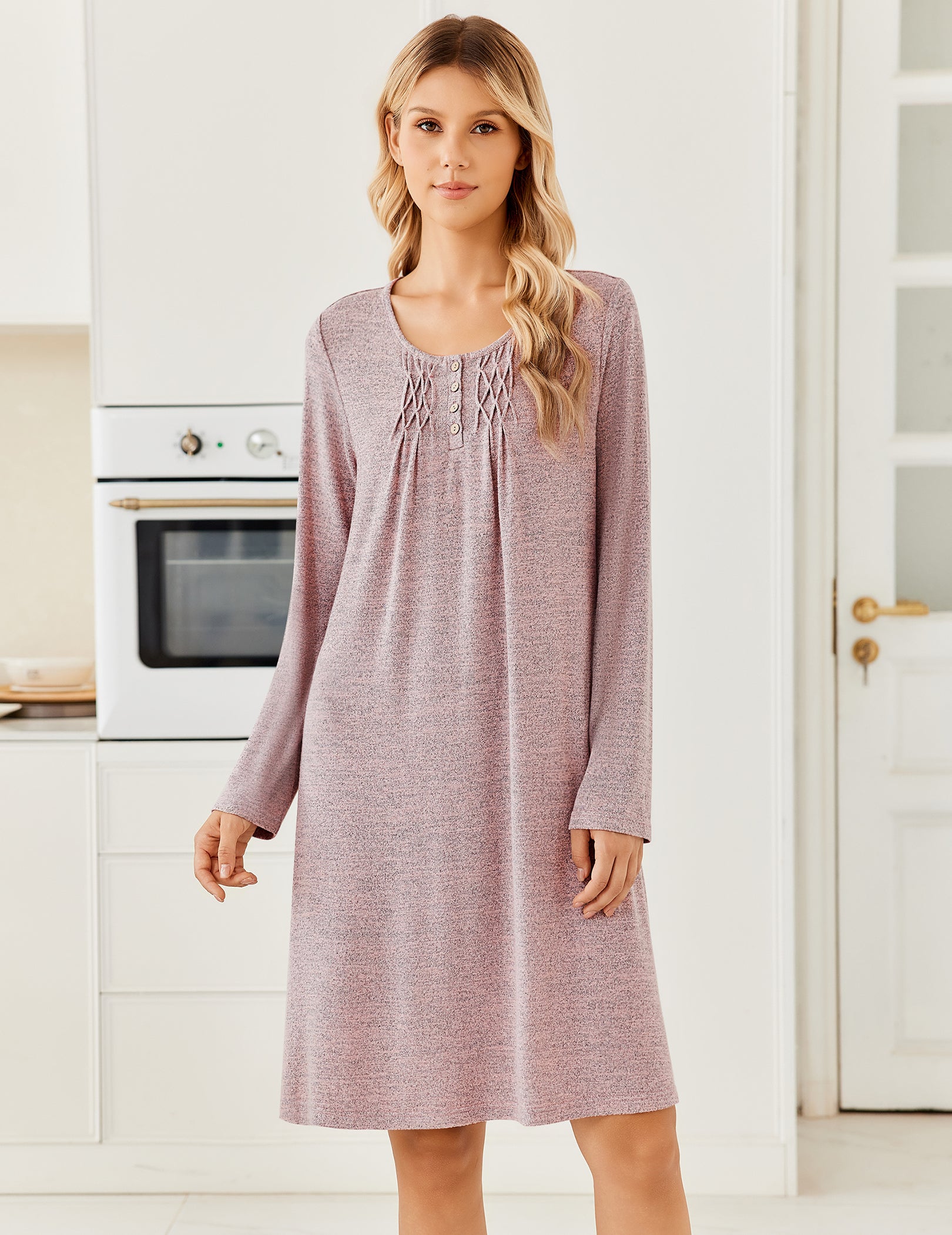 Mauve long-sleeve knit nightgown with henley buttons and pleated front