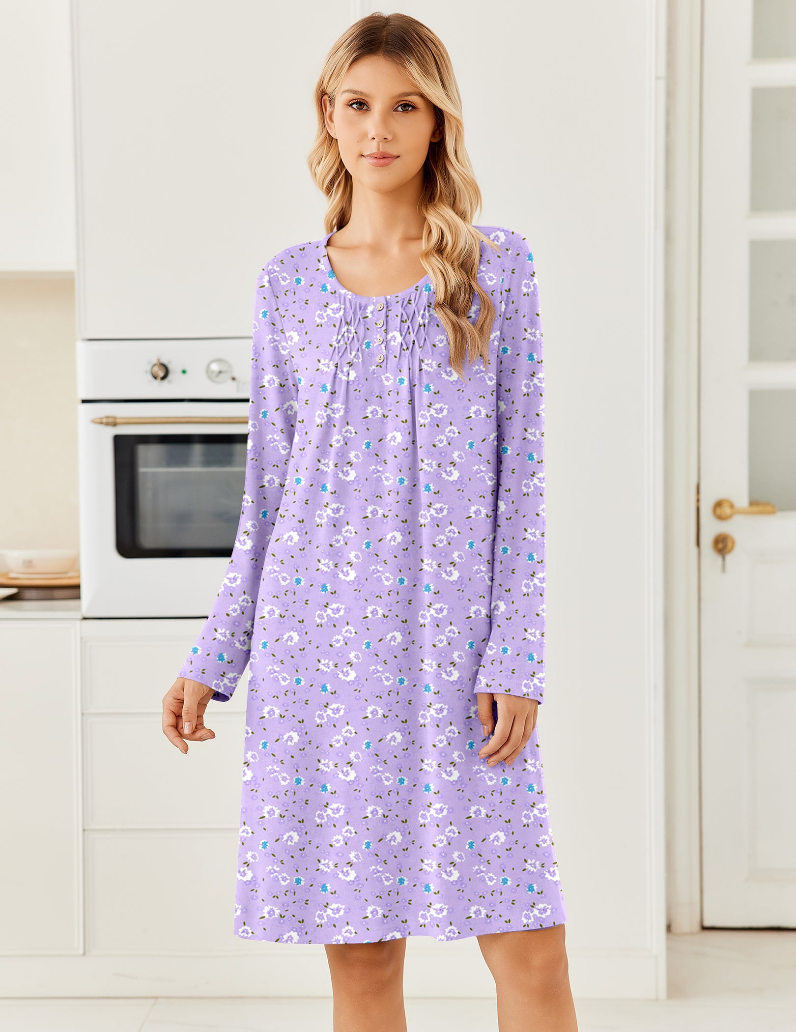 Purple floral long-sleeve knit nightgown with henley button front and pleated yoke