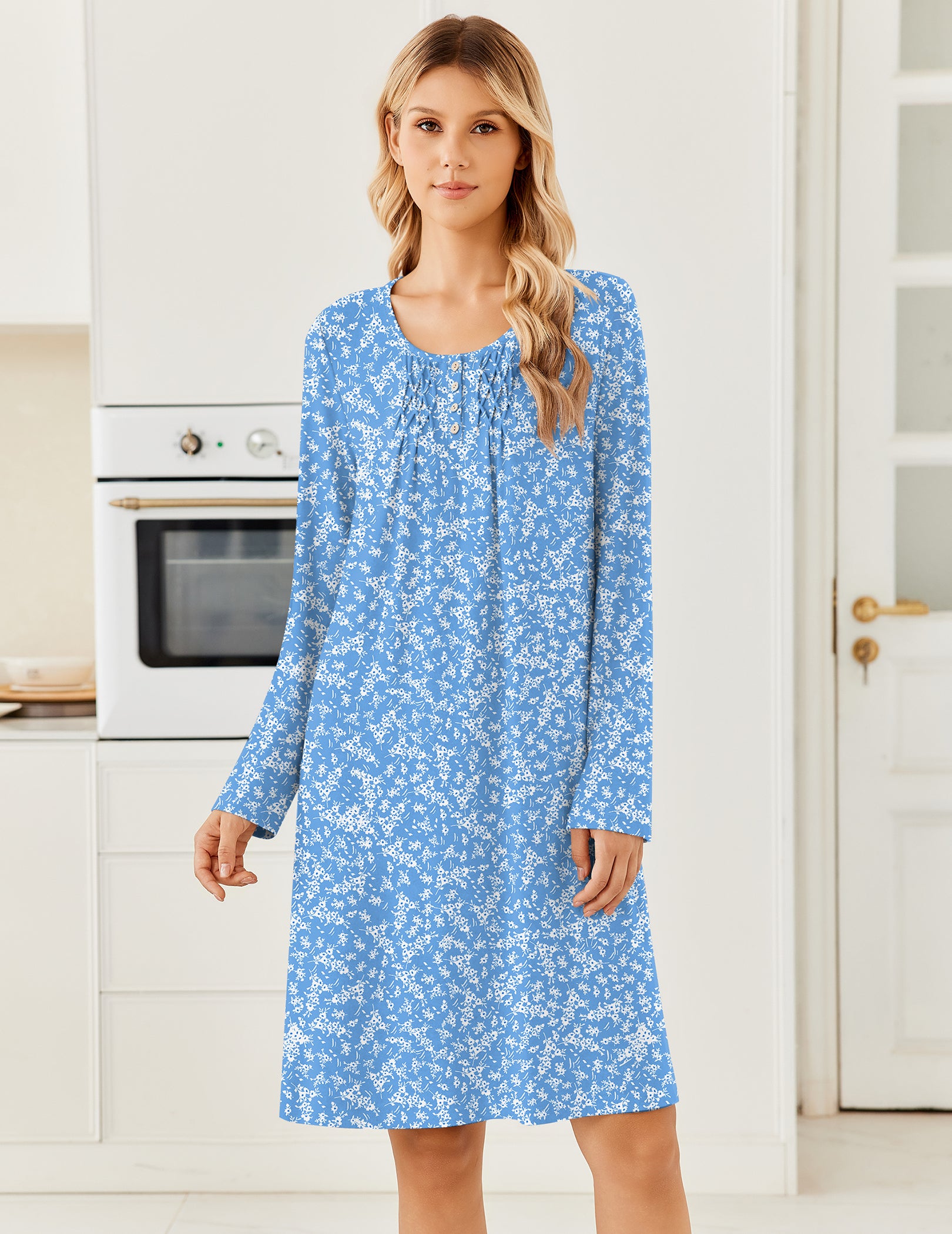 Blue floral long-sleeve knit nightgown with henley button front and pleated yoke