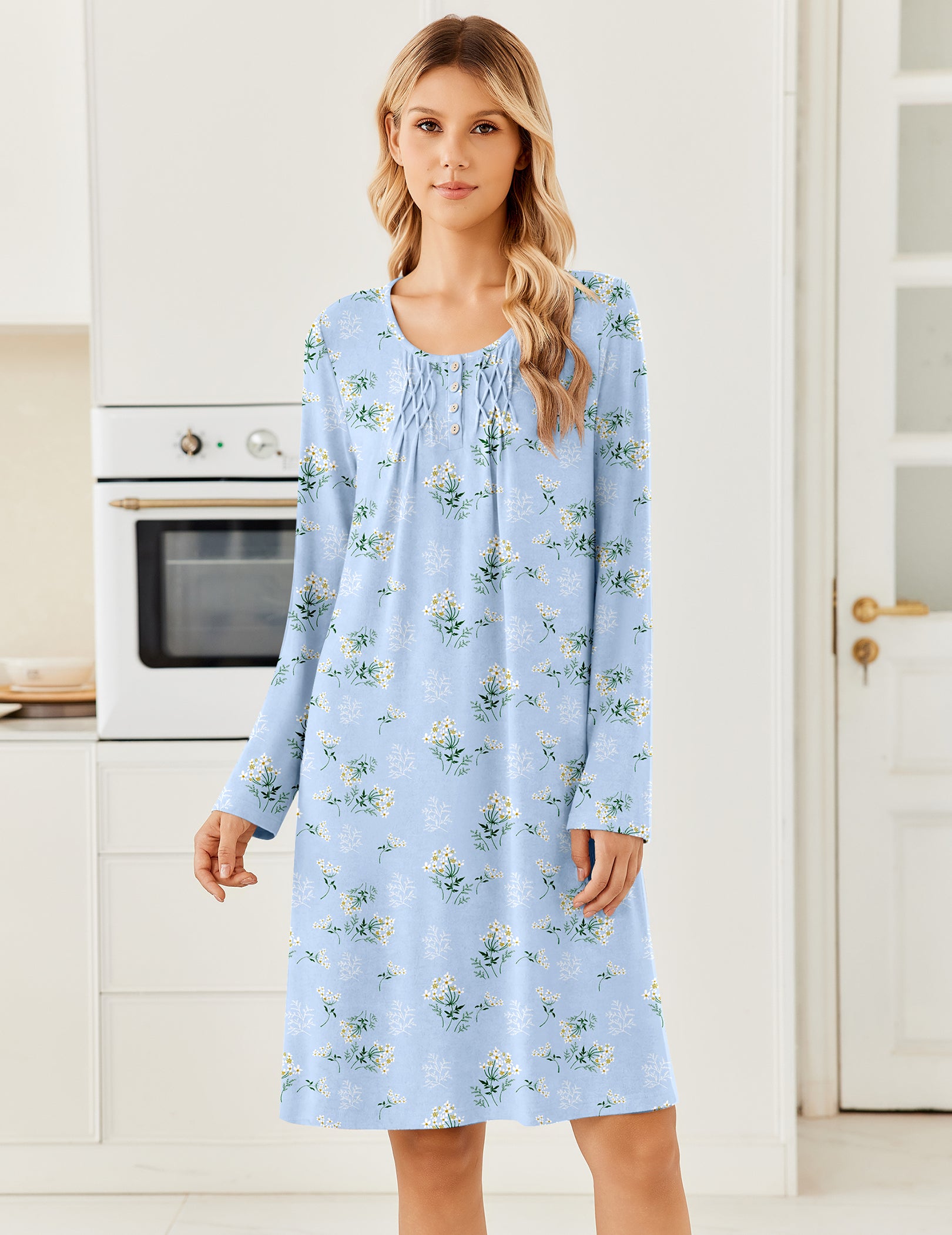 Light blue floral long-sleeve nightgown with henley button front
